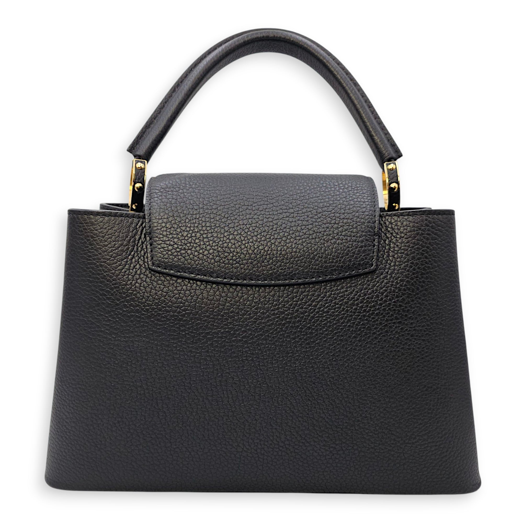 Capucines Iris Blossom PM Black Top Handle Bag in Calfskin, Gold hardware