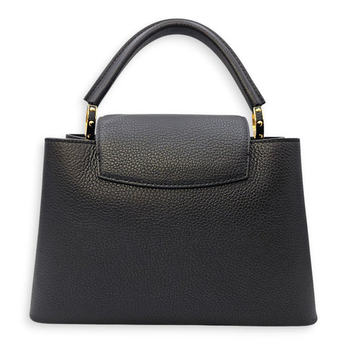 Capucines Iris Blossom PM Black Top Handle Bag in Calfskin, Gold hardware