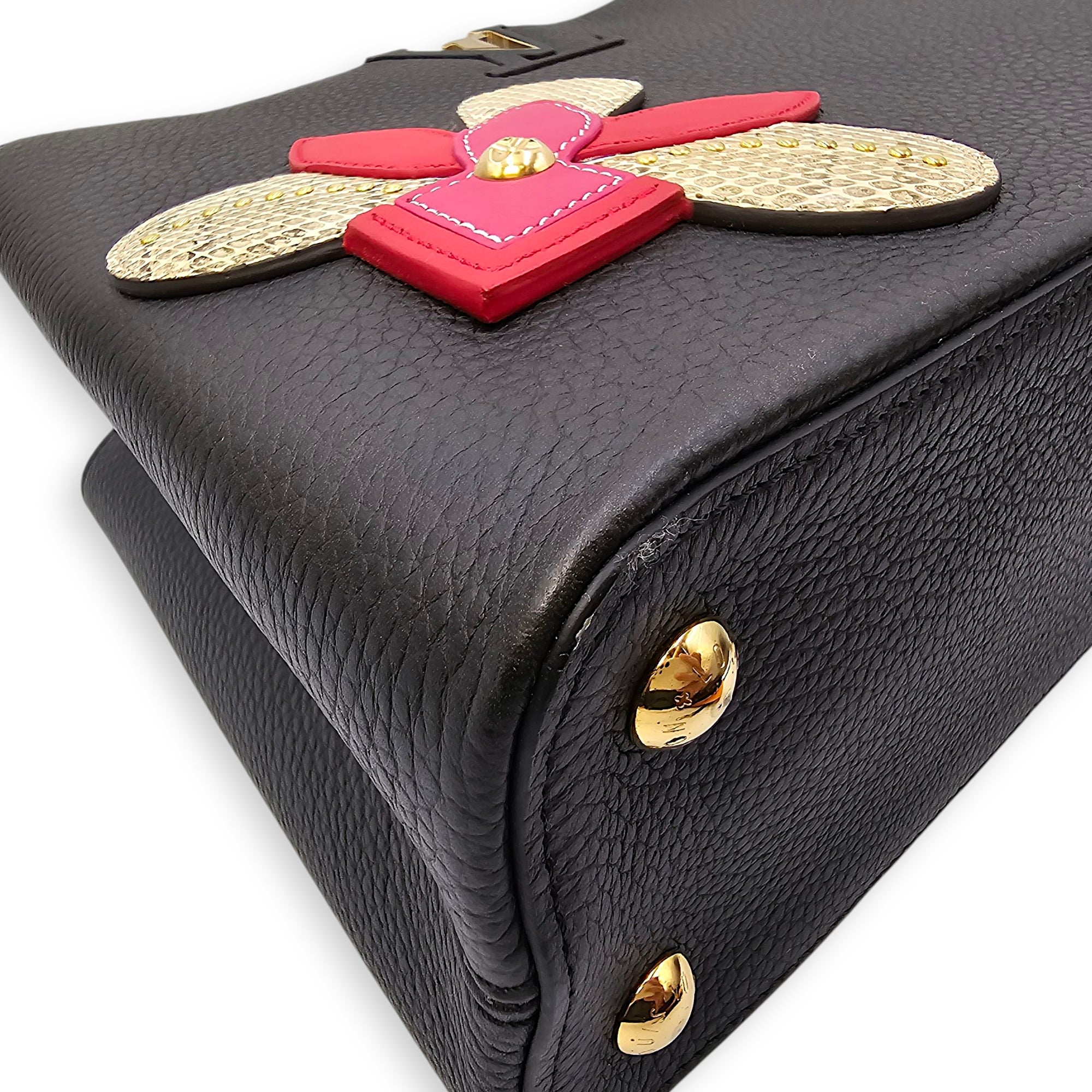 Capucines Iris Blossom PM Black Top Handle Bag in Calfskin, Gold hardware