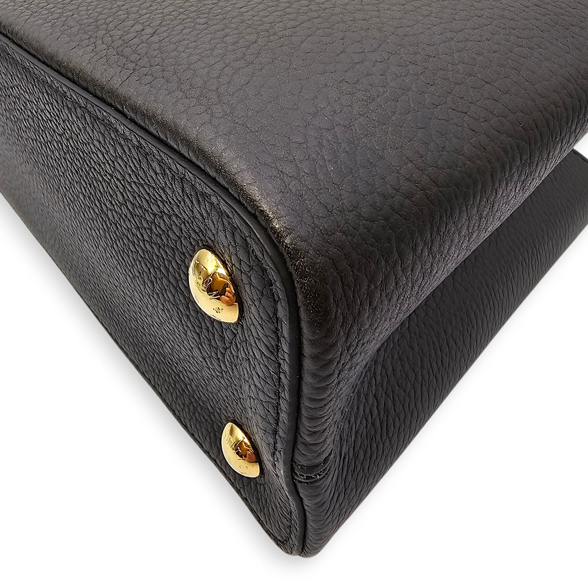 Capucines Iris Blossom PM Black Top Handle Bag in Calfskin, Gold hardware