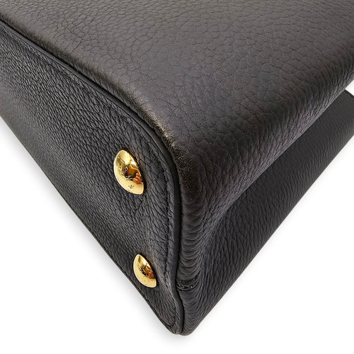 Capucines Iris Blossom PM Black Top Handle Bag in Calfskin, Gold hardware