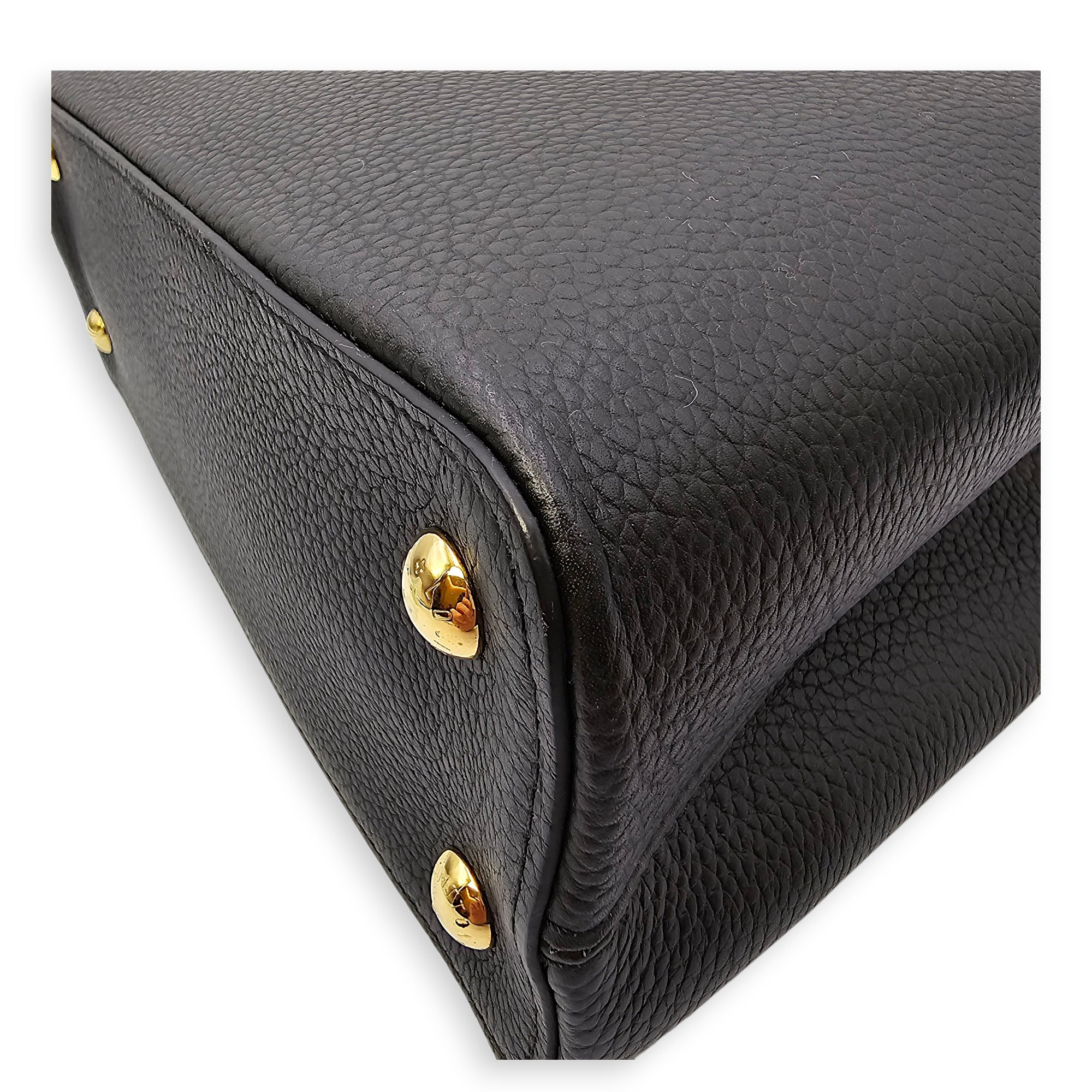 Capucines Iris Blossom PM Black Top Handle Bag in Calfskin, Gold hardware