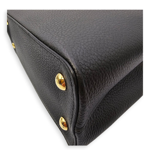 Capucines Iris Blossom PM Black Top Handle Bag in Calfskin, Gold hardware
