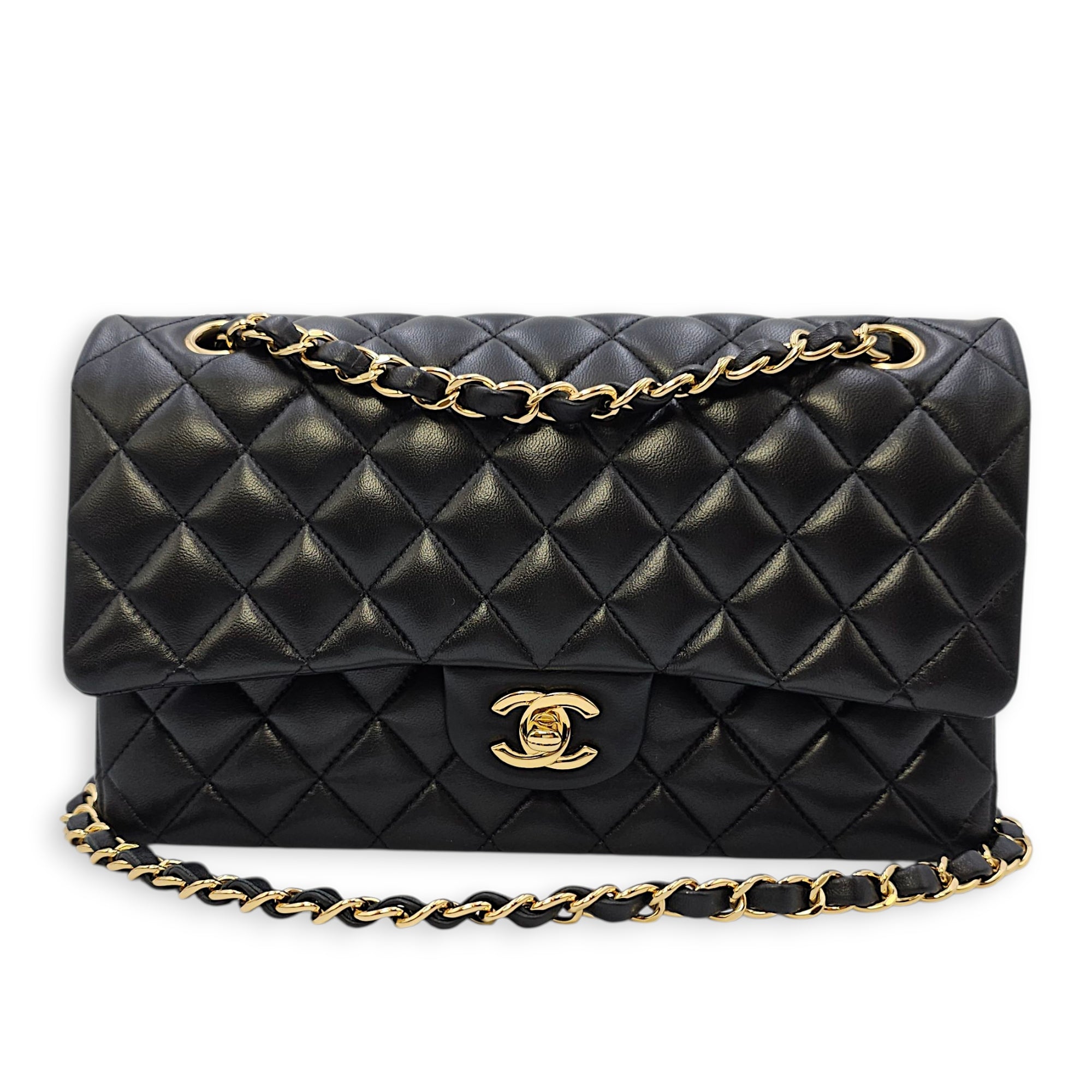 Quilted CC Classic Flap (DF) Medium Black Shoulder Bag in Lambskin, Gold hardware