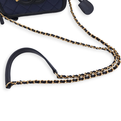 Quilted CC Vanity Filigree Case Small Size Blue Shoulder Bag in Caviar Leather, Gold hardware