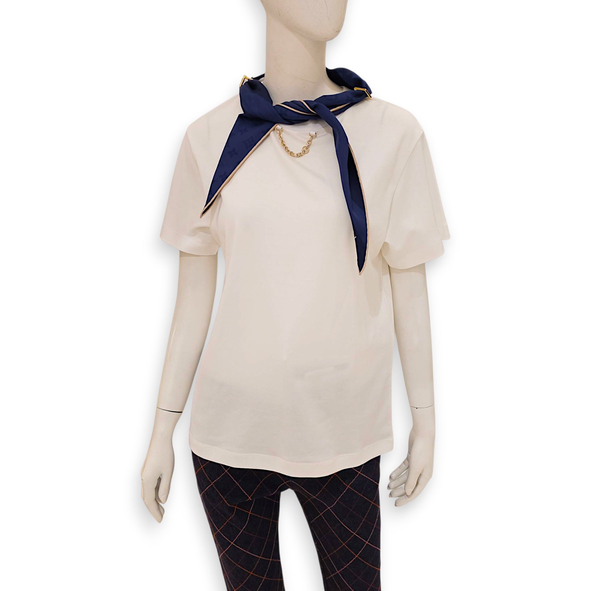 T-shirt with Shiny Blue Scarf S White in Cotton, Gold hardware