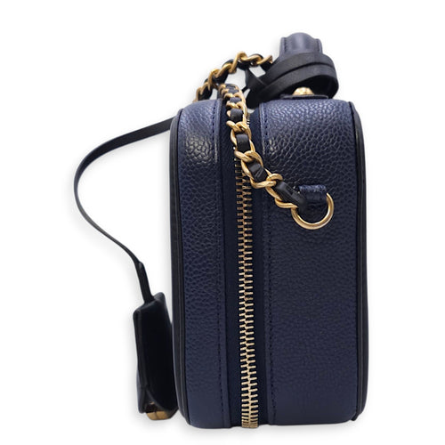 Quilted CC Vanity Filigree Case Small Size Blue Shoulder Bag in Caviar Leather, Gold hardware