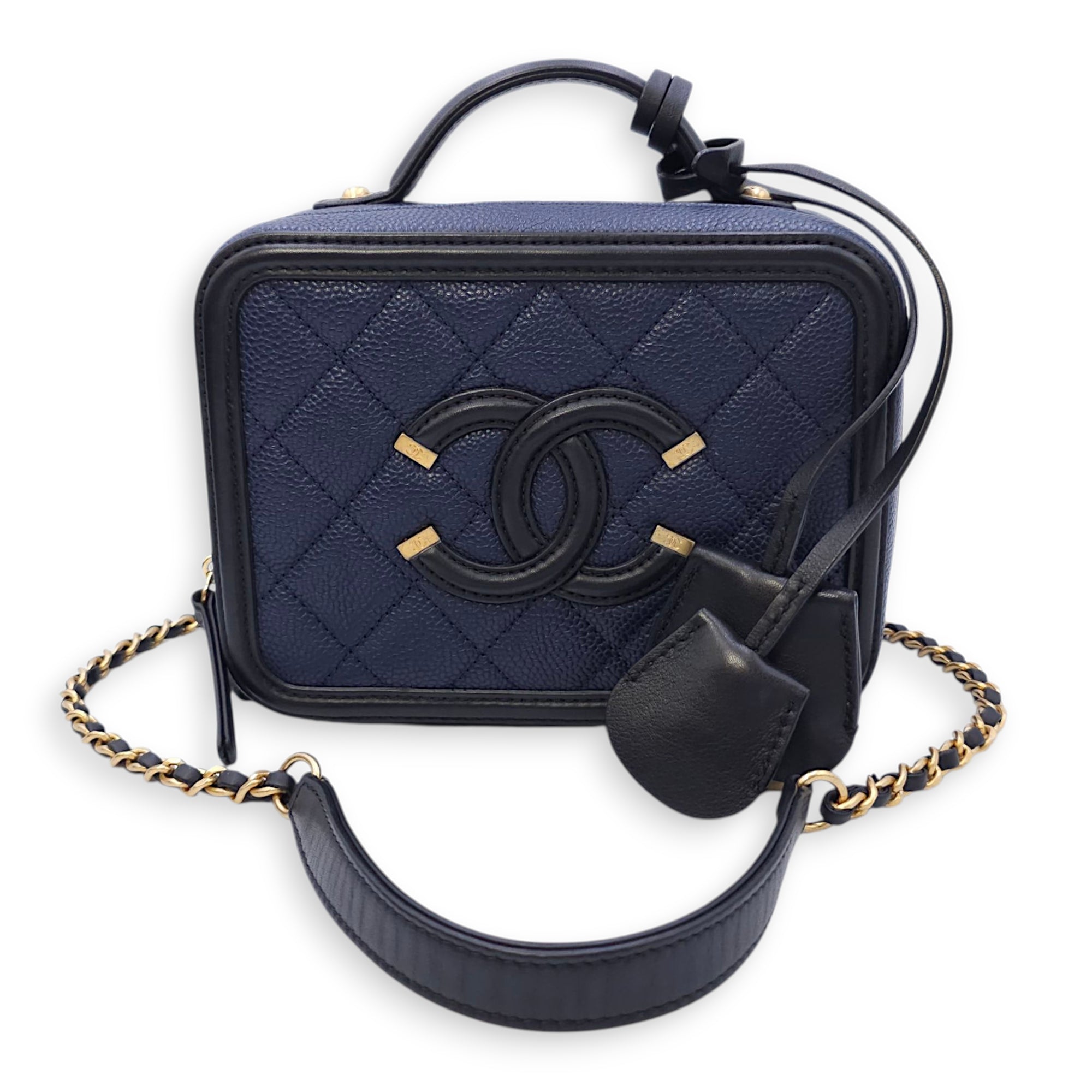 Quilted CC Vanity Filigree Case Small Size Blue Shoulder Bag in Caviar Leather, Gold hardware