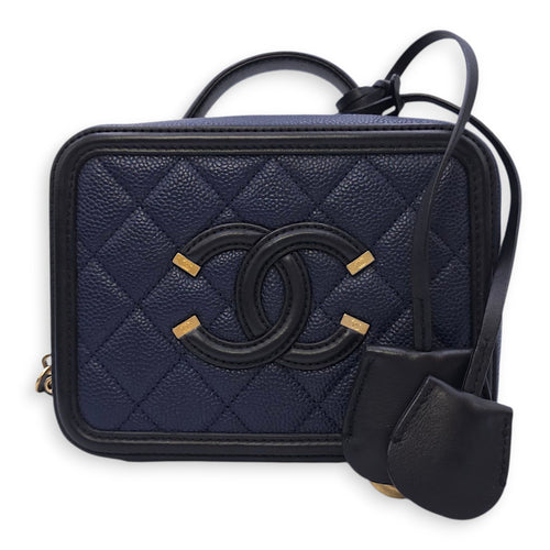 Quilted CC Vanity Filigree Case Small Size Blue Shoulder Bag in Caviar Leather, Gold hardware