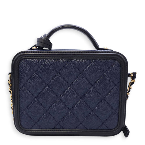 Quilted CC Vanity Filigree Case Small Size Blue Shoulder Bag in Caviar Leather, Gold hardware
