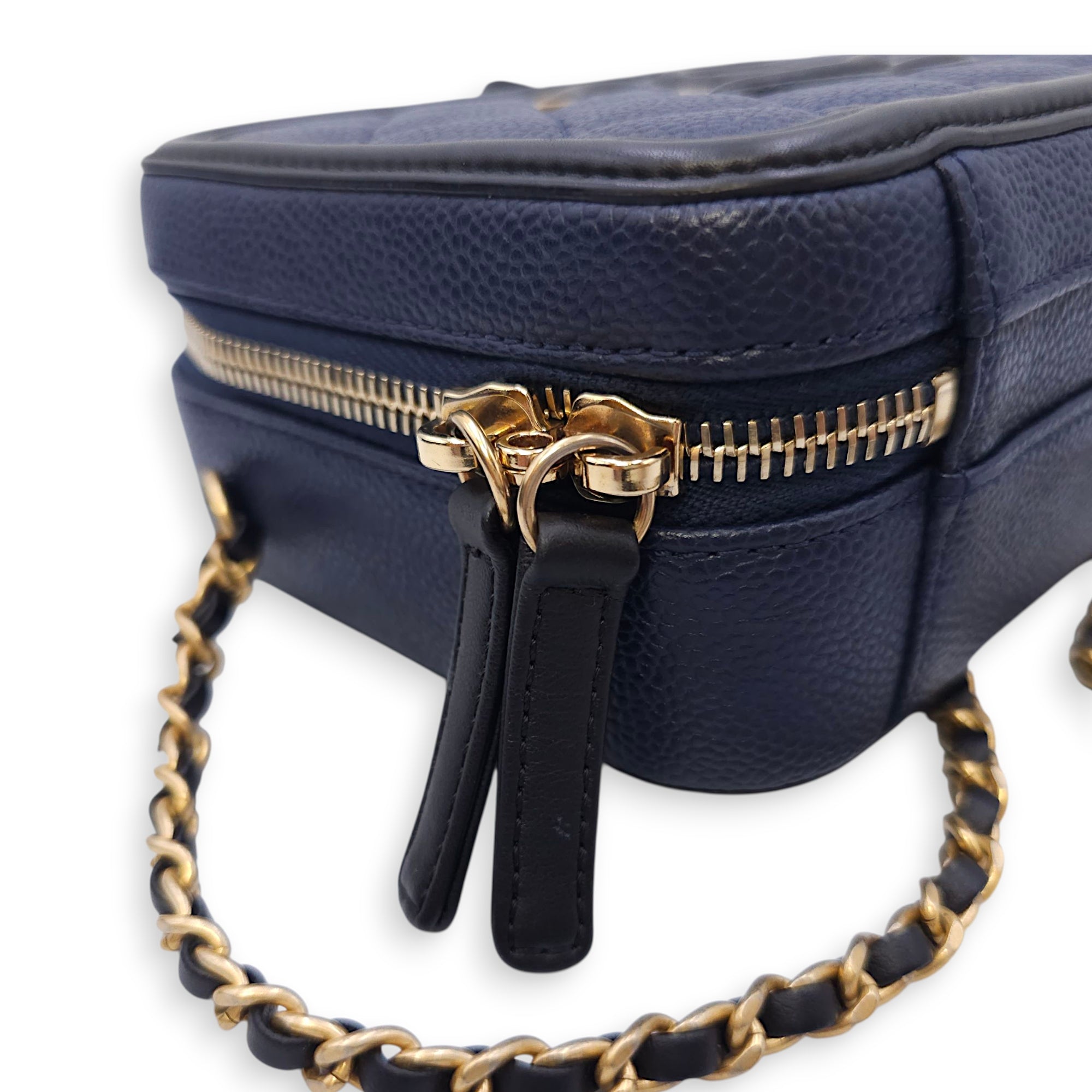 Quilted CC Vanity Filigree Case Small Size Blue Shoulder Bag in Caviar Leather, Gold hardware