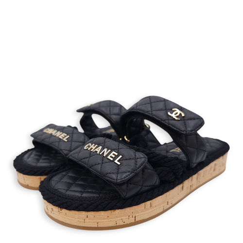 Quilted Rope CC 36 Black Flat Sandals in Calfskin, Gold hardware