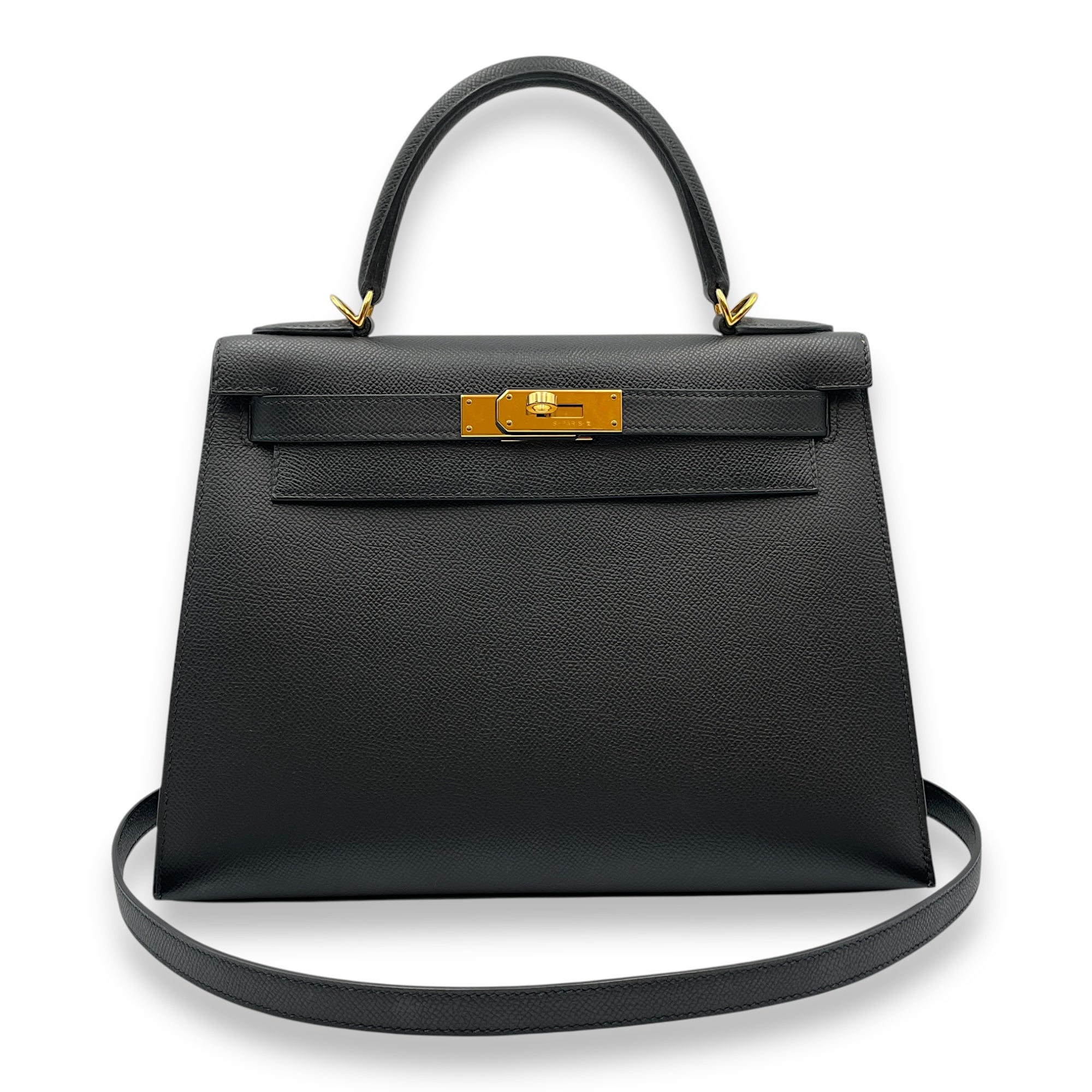 Sellier Kelly 28 Black in Epsom, Gold hardware