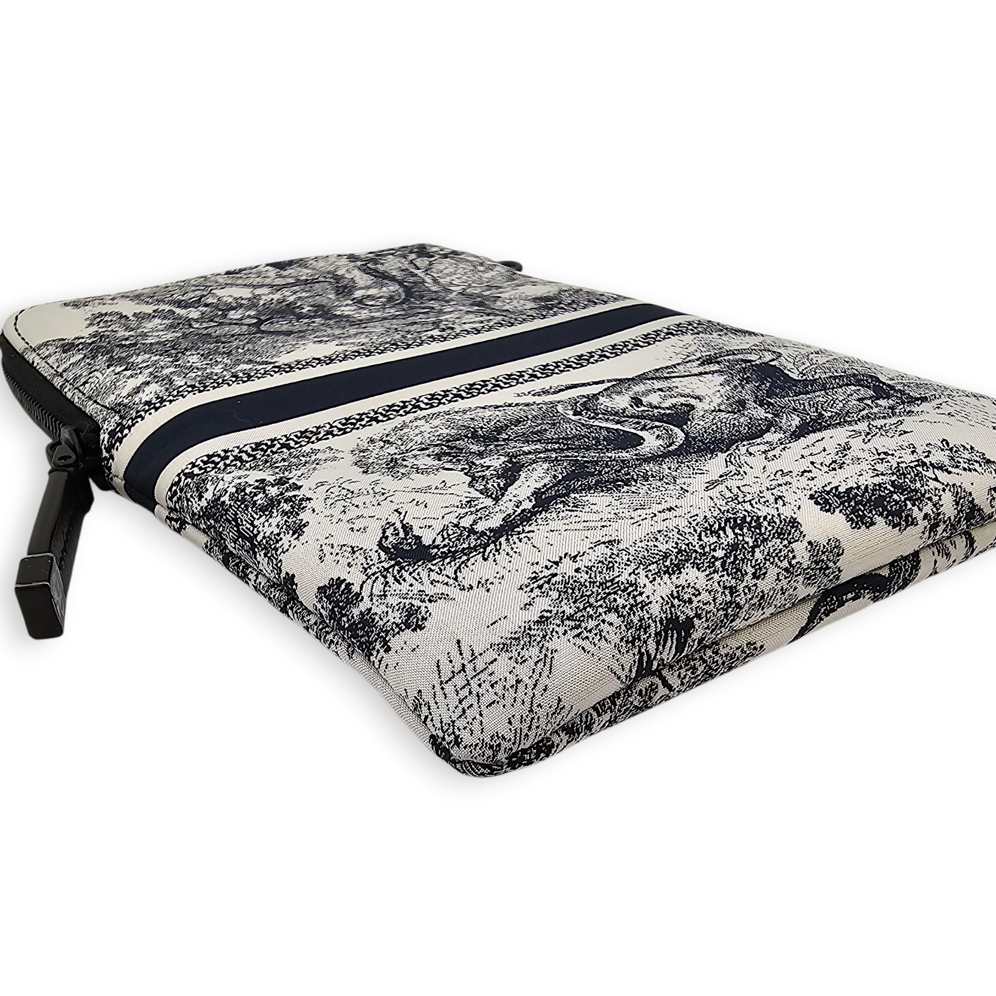 Travel Multifunctional Blue Pouch in Toile de jouy technical fabric, Gunmetal hardware