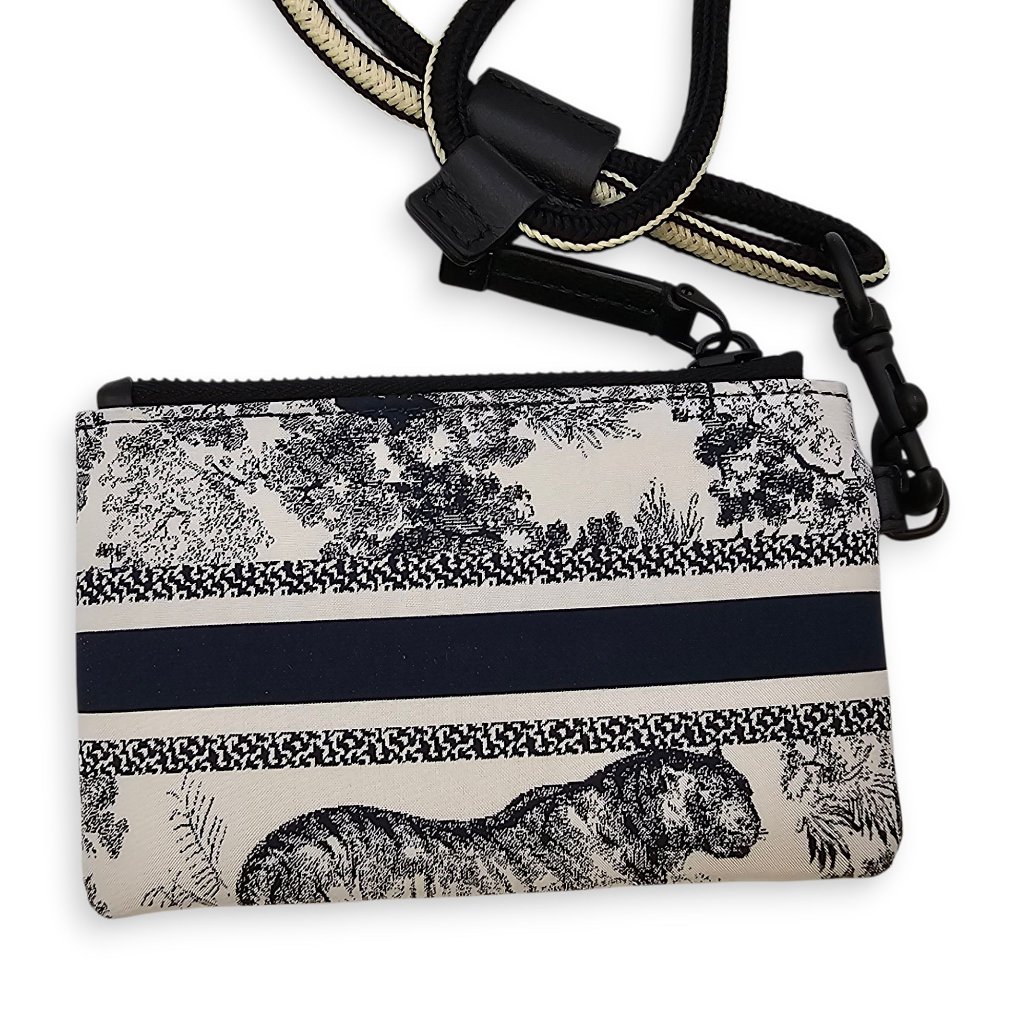 Travel Multifunctional Blue Pouch in Toile de jouy technical fabric, Gunmetal hardware