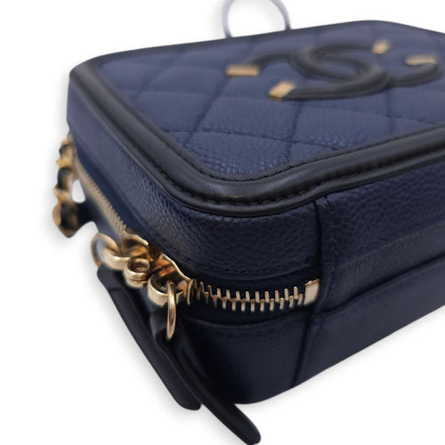 Quilted CC Vanity Filigree Case Small Size Blue Shoulder Bag in Caviar Leather, Gold hardware