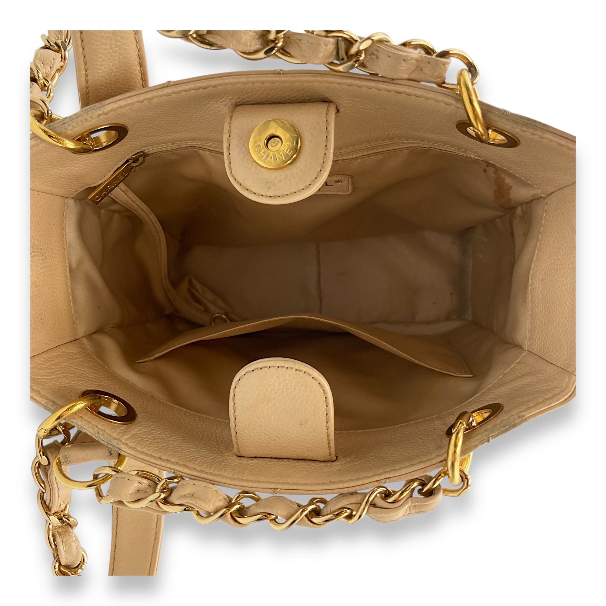PST Beige Shoulder Bag in Caviar Leather, Gold hardware