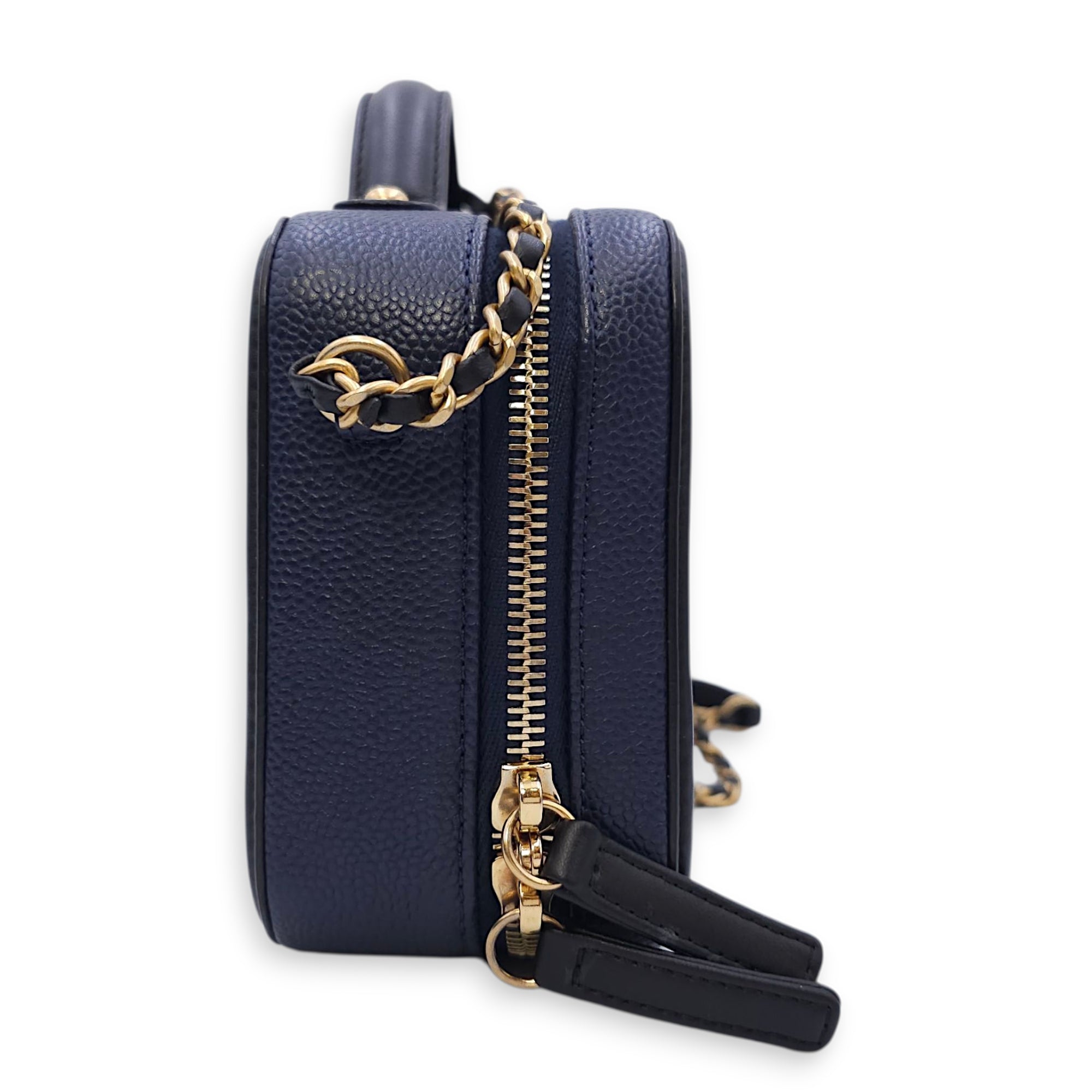 Quilted CC Vanity Filigree Case Small Size Blue Shoulder Bag in Caviar Leather, Gold hardware