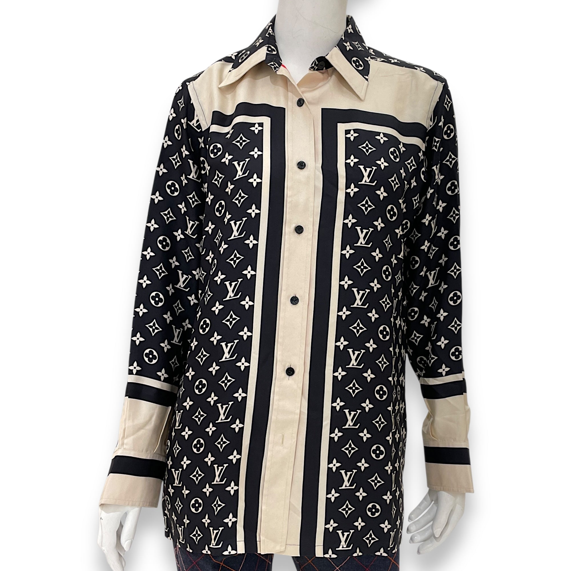 LV Stripe Accent Monogram Pyjamas Silk Shirt 34 Black Ready-To-Wear