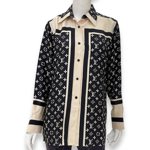 LV Stripe Accent Monogram Pyjamas Silk Shirt 34 Black Ready-To-Wear