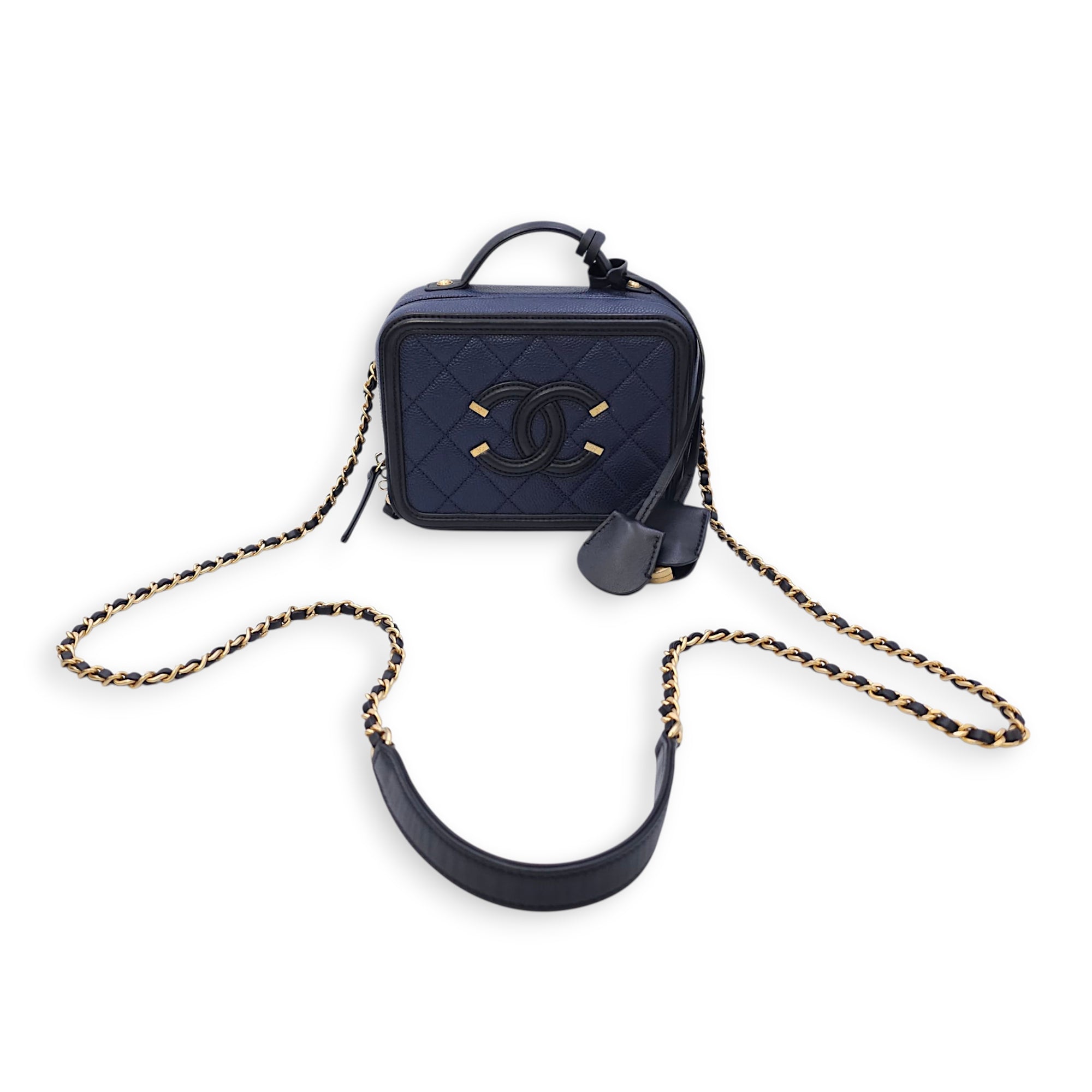Quilted CC Vanity Filigree Case Small Size Blue Shoulder Bag in Caviar Leather, Gold hardware