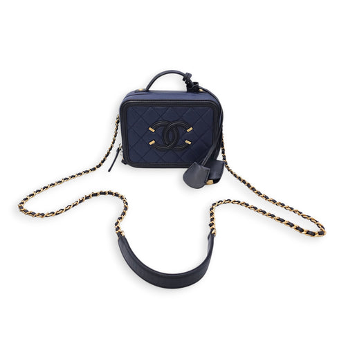 Quilted CC Vanity Filigree Case Small Size Blue Shoulder Bag in Caviar Leather, Gold hardware