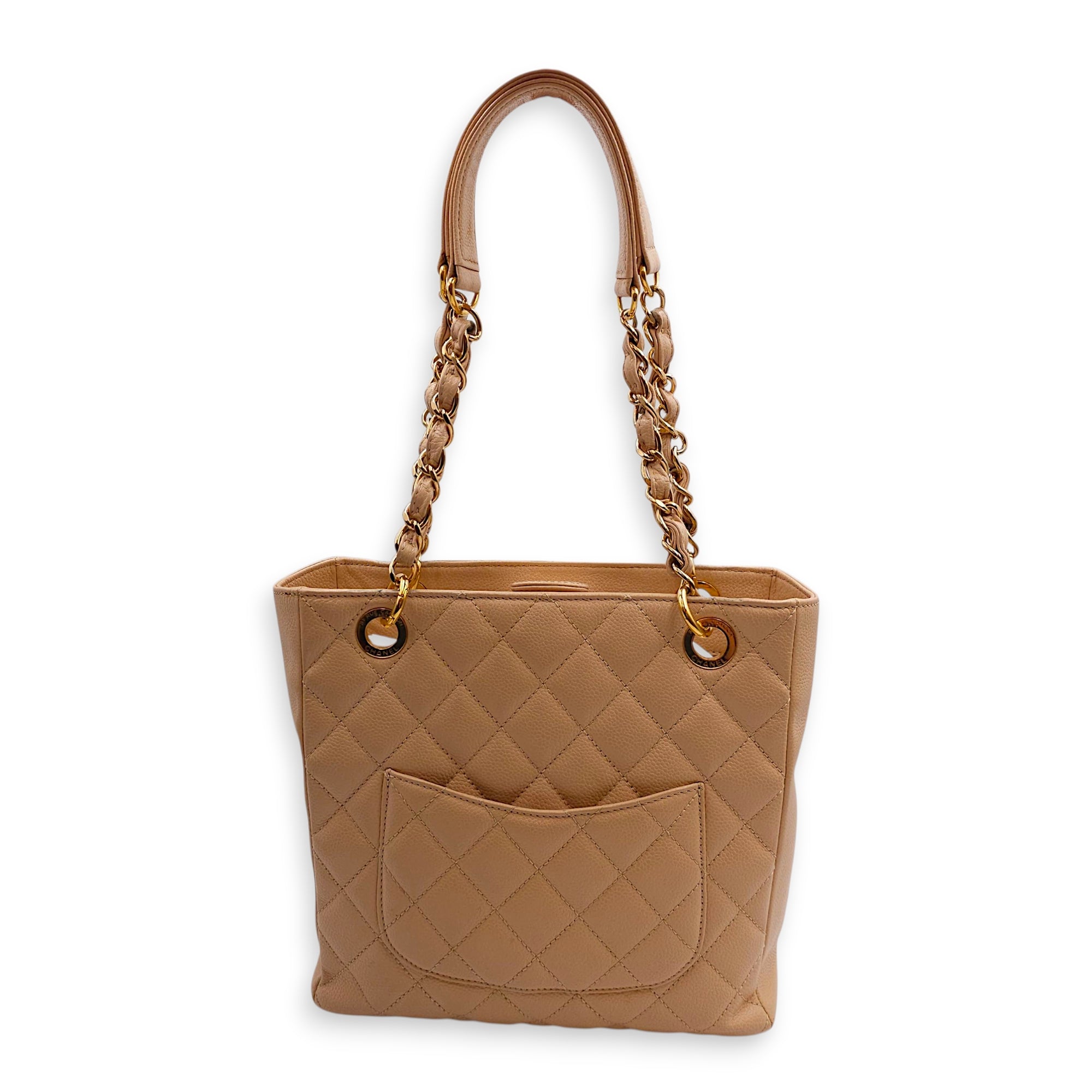 PST Beige Shoulder Bag in Caviar Leather, Gold hardware