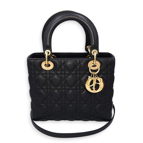 Lady Dior Medium Black Top Handle Bag in Lambskin, Gold hardware