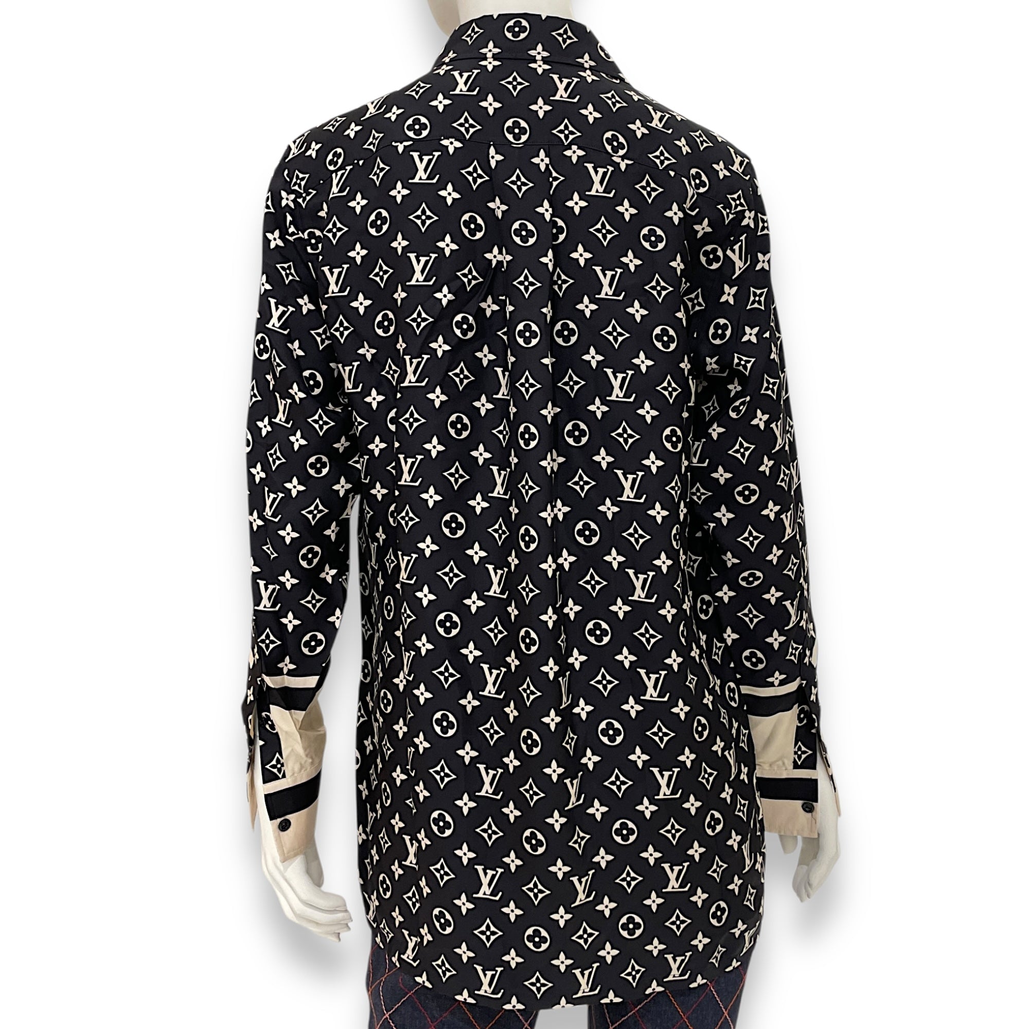 LV Stripe Accent Monogram Pyjamas Silk Shirt 34 Black Ready-To-Wear