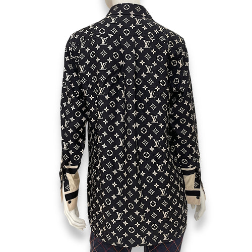 LV Stripe Accent Monogram Pyjamas Silk Shirt 34 Black Ready-To-Wear