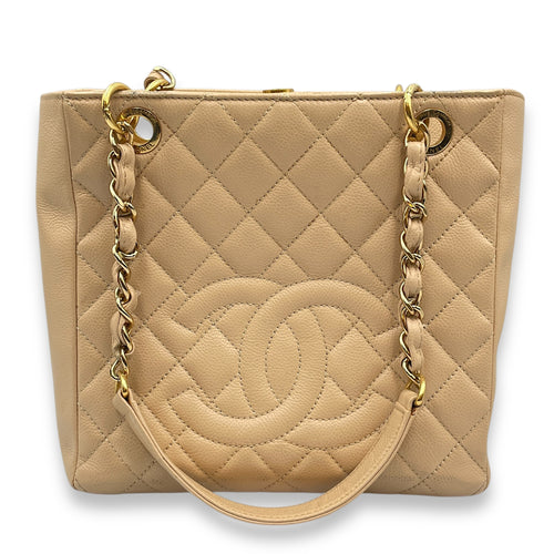 PST Beige Shoulder Bag in Caviar Leather, Gold hardware