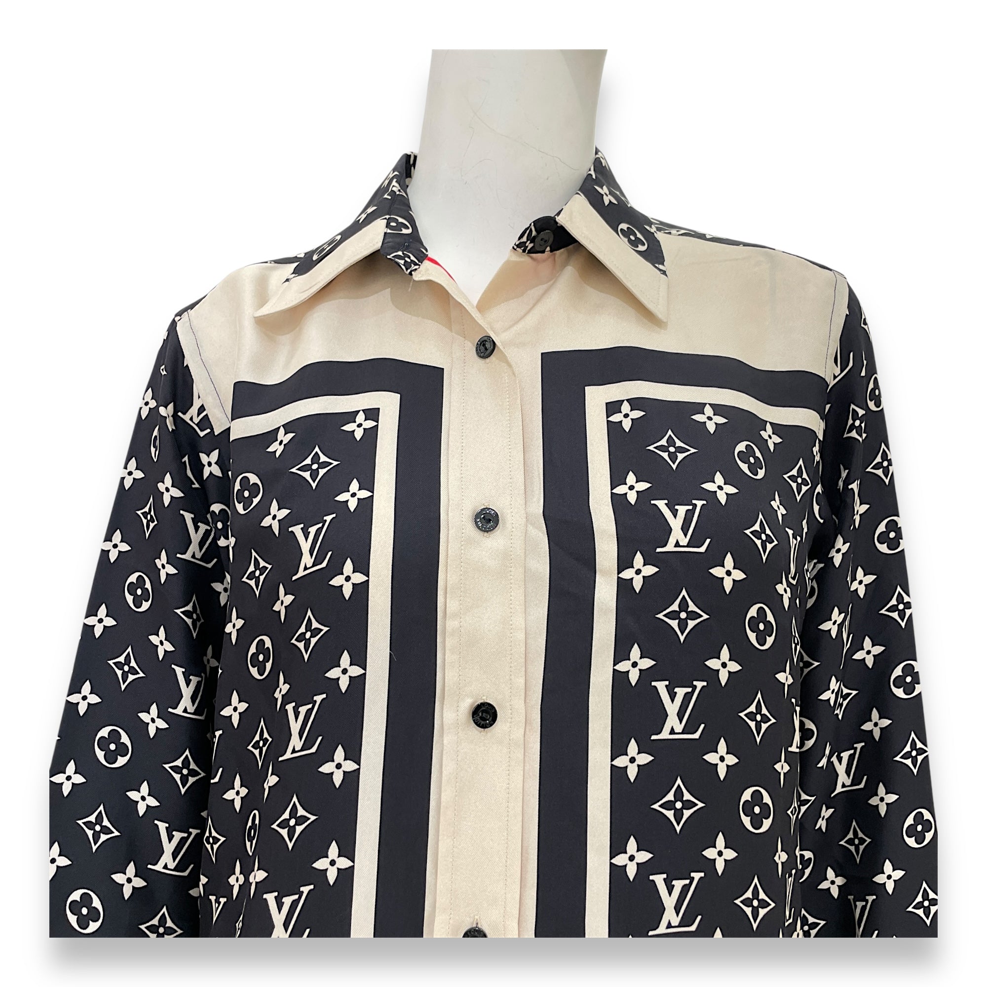 LV Stripe Accent Monogram Pyjamas Silk Shirt 34 Black Ready-To-Wear