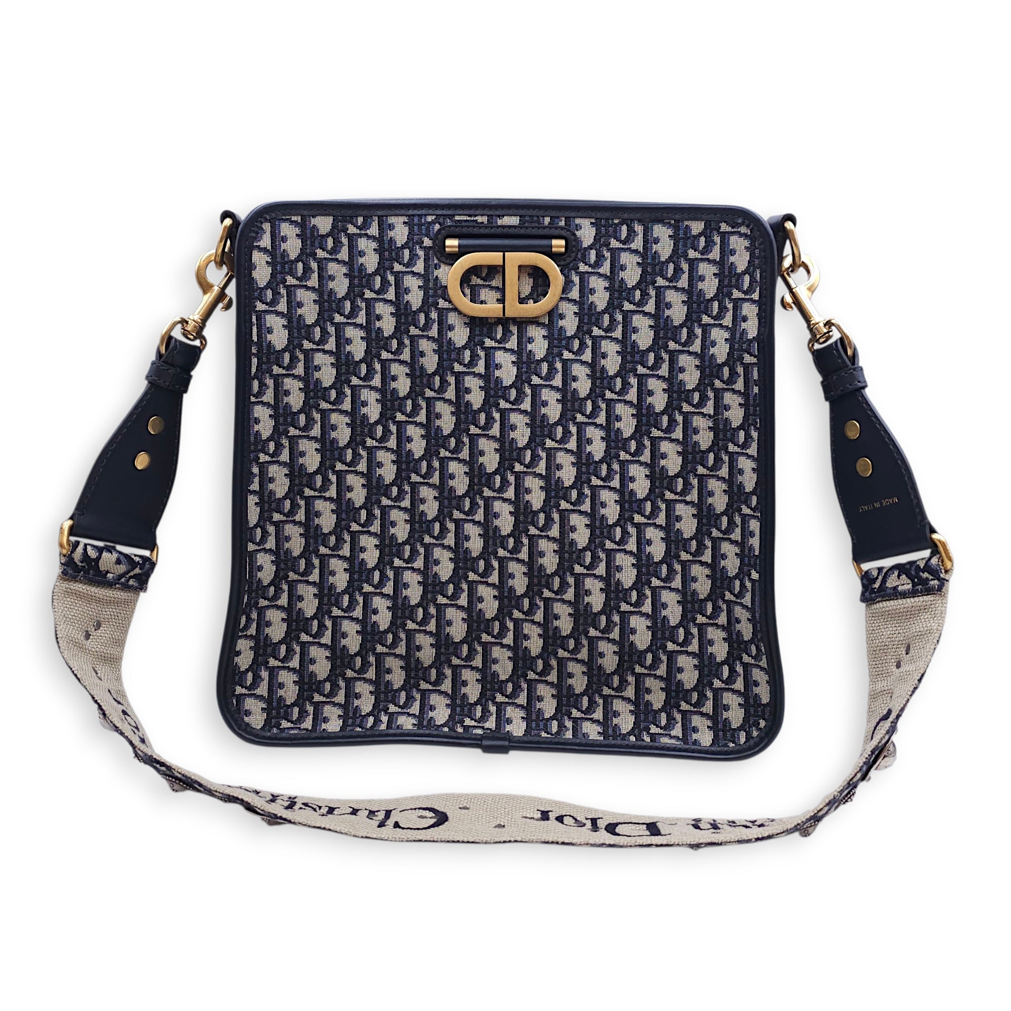 Montaigne Monogram Embroidered Blue Shoulder Bag in Canvas, Gold hardware