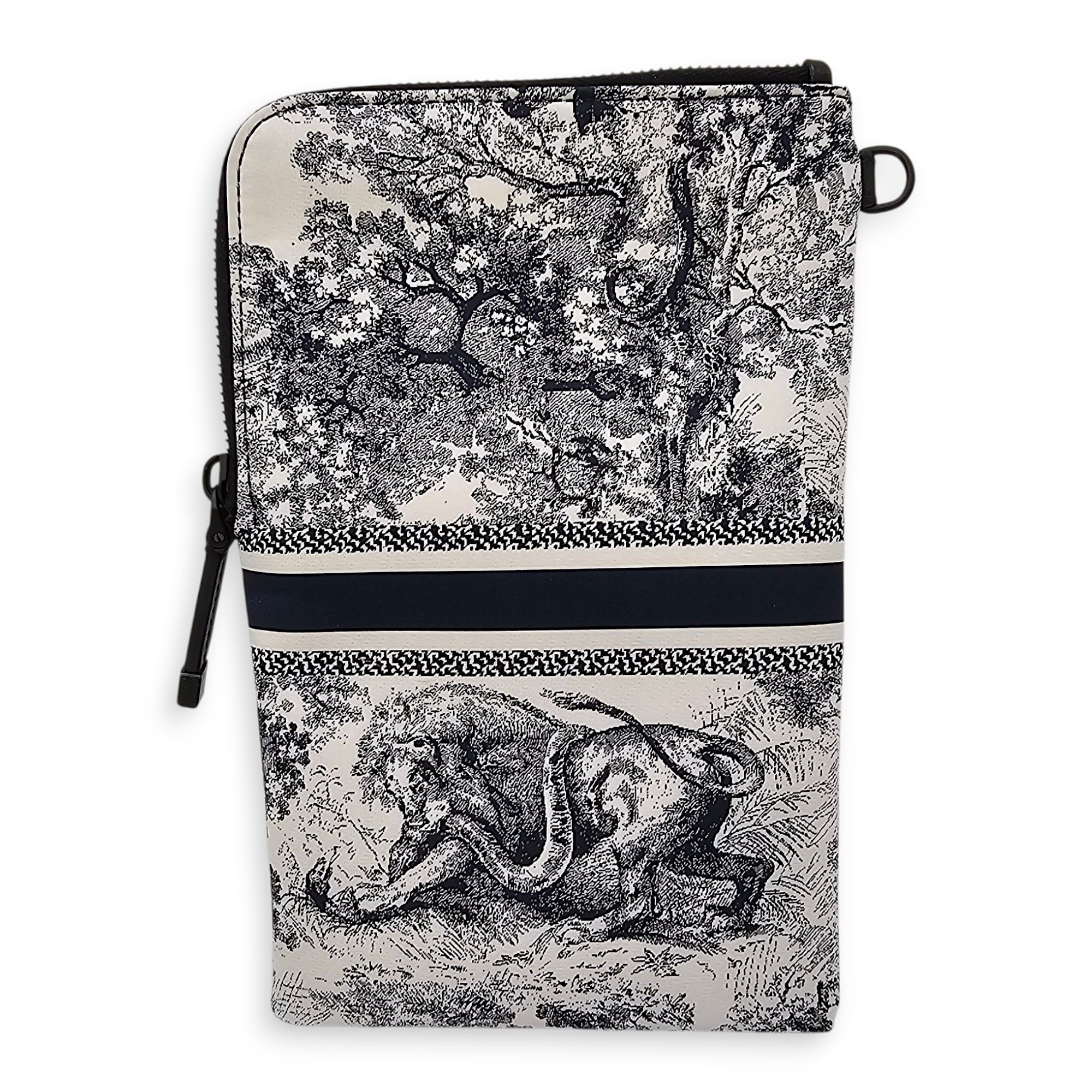 Travel Multifunctional Blue Pouch in Toile de jouy technical fabric, Gunmetal hardware