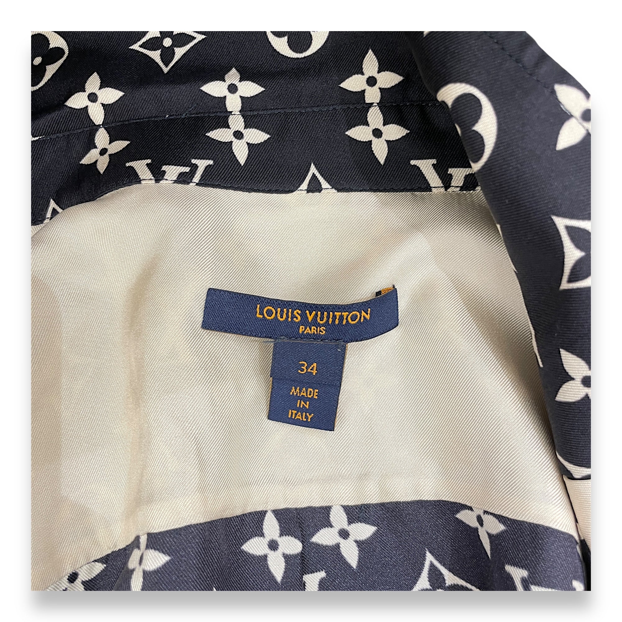 LV Stripe Accent Monogram Pyjamas Silk Shirt 34 Black Ready-To-Wear