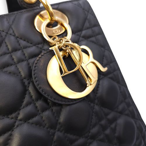 Lady Dior Medium Black Top Handle Bag in Lambskin, Gold hardware