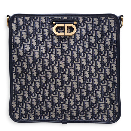 Montaigne Monogram Embroidered Blue Shoulder Bag in Canvas, Gold hardware