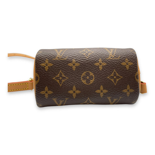 Trio Icons Mini Brown Monogram Crossbody Bag in Coated Canvas, Gold hardware