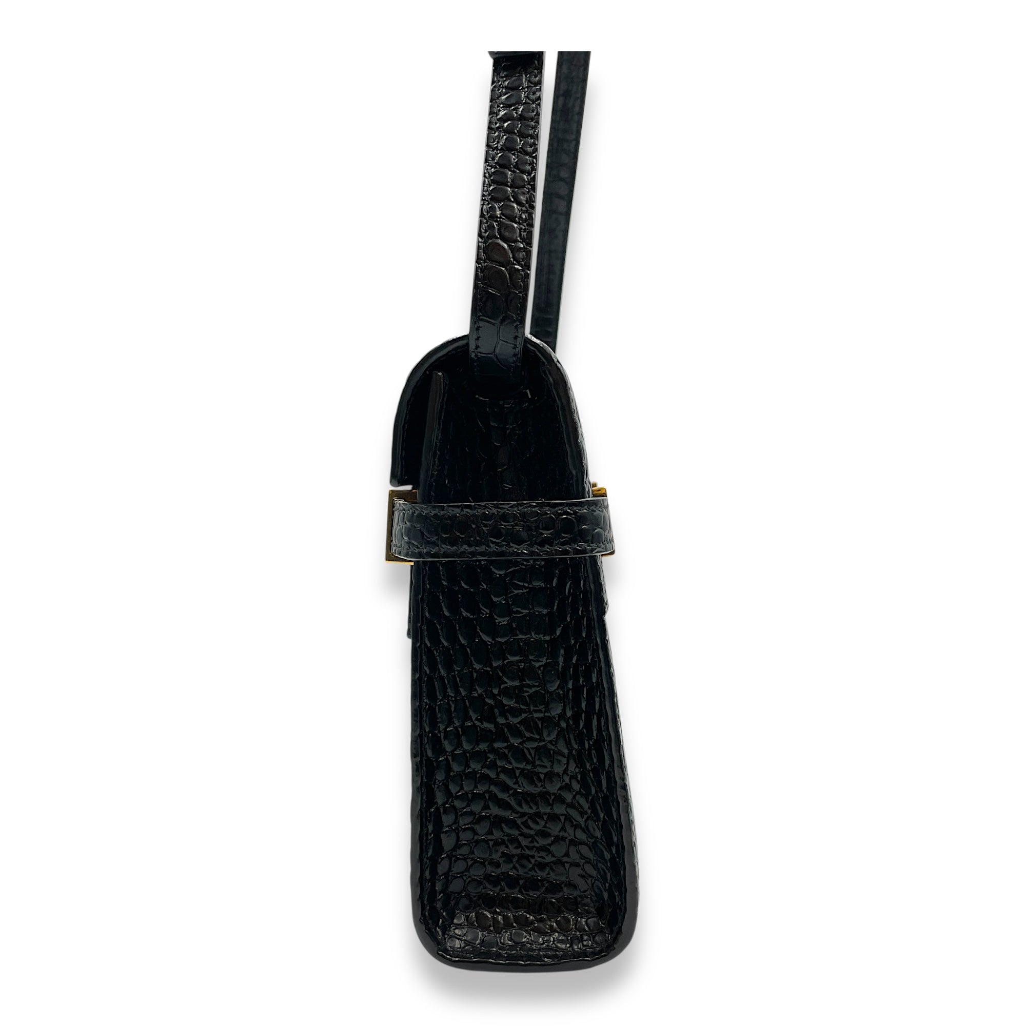 Croc Embossed Manhattan Black Shoulder Bag, Gold hardware