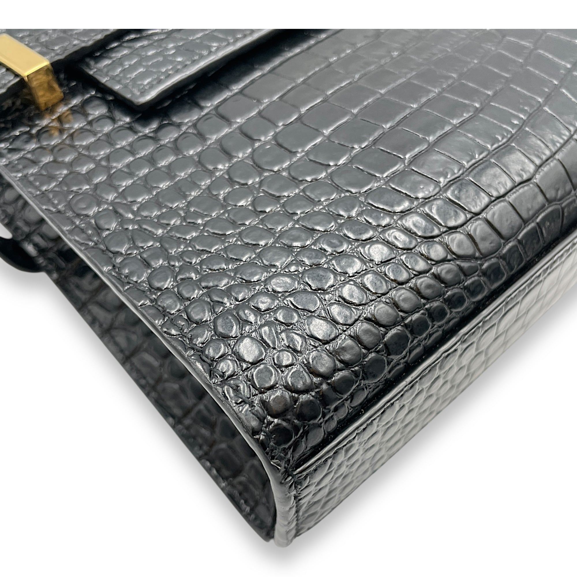 Croc Embossed Manhattan Black Shoulder Bag, Gold hardware