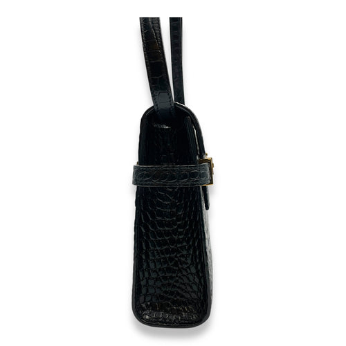 Croc Embossed Manhattan Black Shoulder Bag, Gold hardware