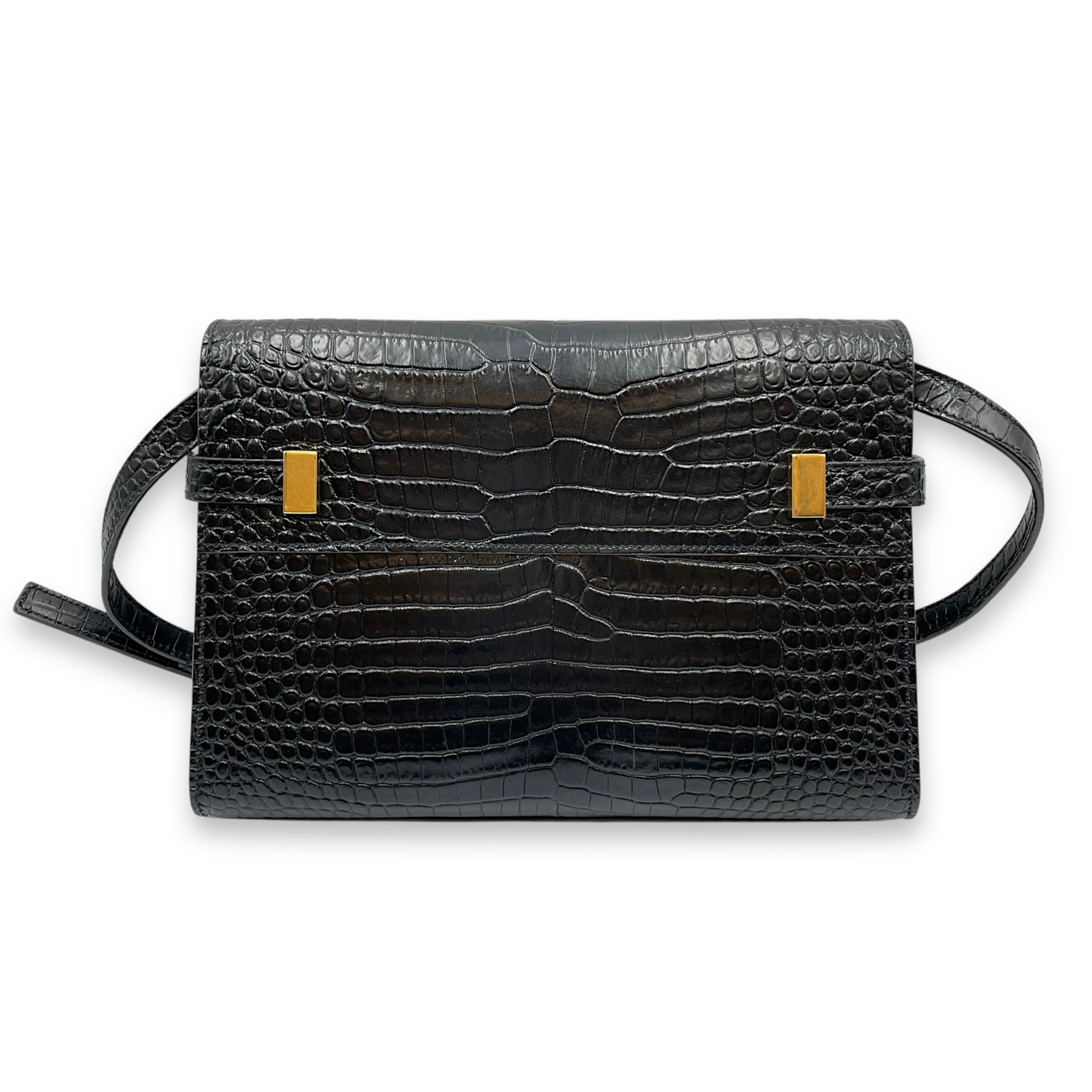 Croc Embossed Manhattan Black Shoulder Bag, Gold hardware