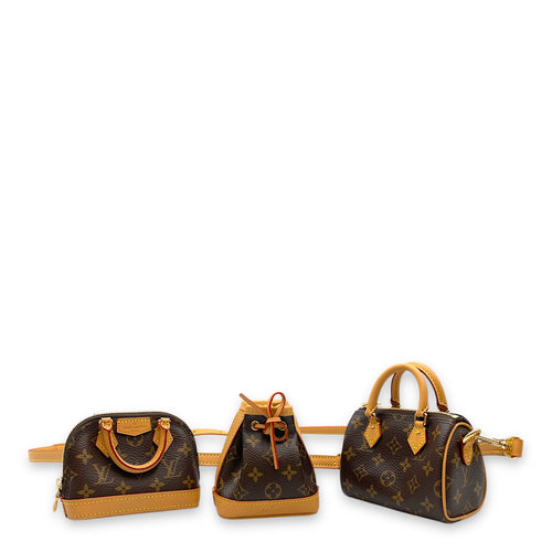 Trio Icons Mini Brown Monogram Crossbody Bag in Coated Canvas, Gold hardware