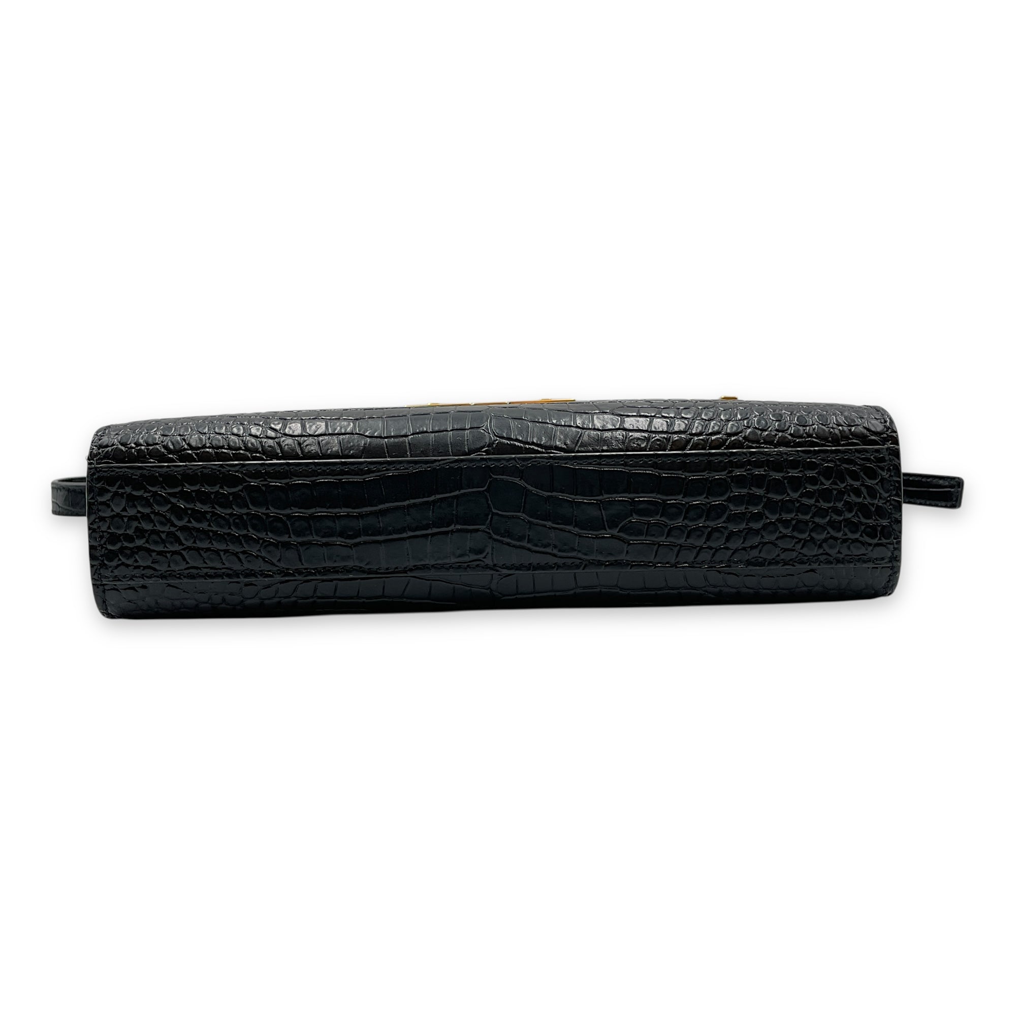 Croc Embossed Manhattan Black Shoulder Bag, Gold hardware