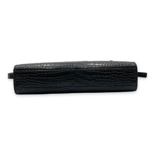 Croc Embossed Manhattan Black Shoulder Bag, Gold hardware