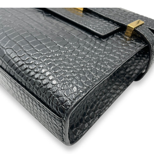 Croc Embossed Manhattan Black Shoulder Bag, Gold hardware
