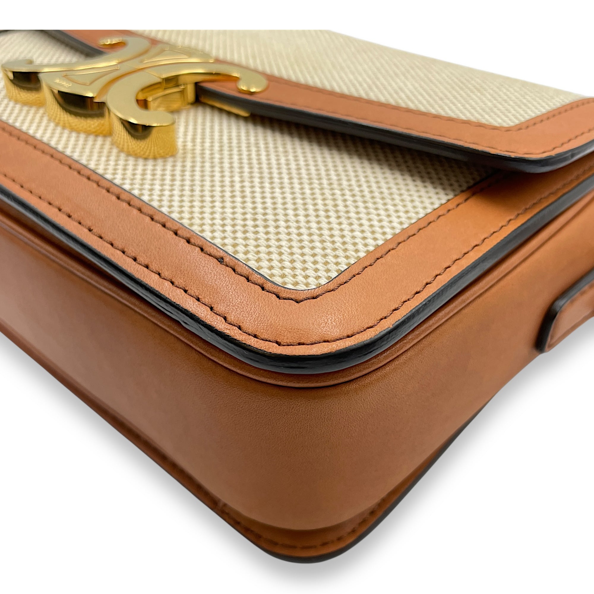 Triomphe Teen Beige Crossbody Bag in Canvas, Gold hardware