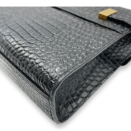 Croc Embossed Manhattan Black Shoulder Bag, Gold hardware