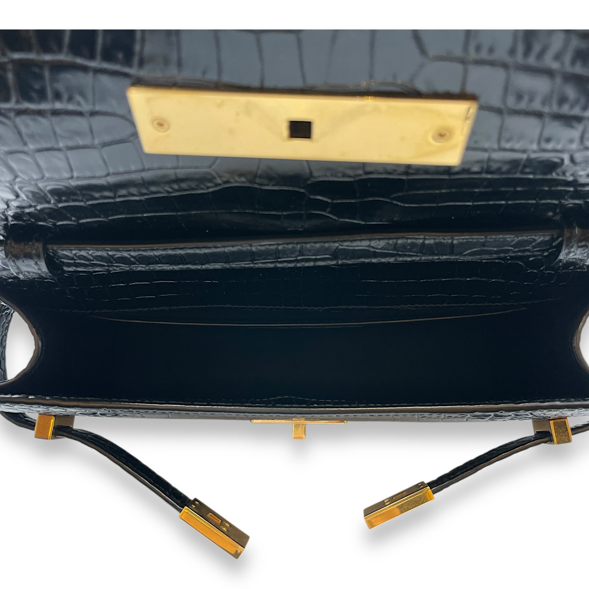 Croc Embossed Manhattan Black Shoulder Bag, Gold hardware