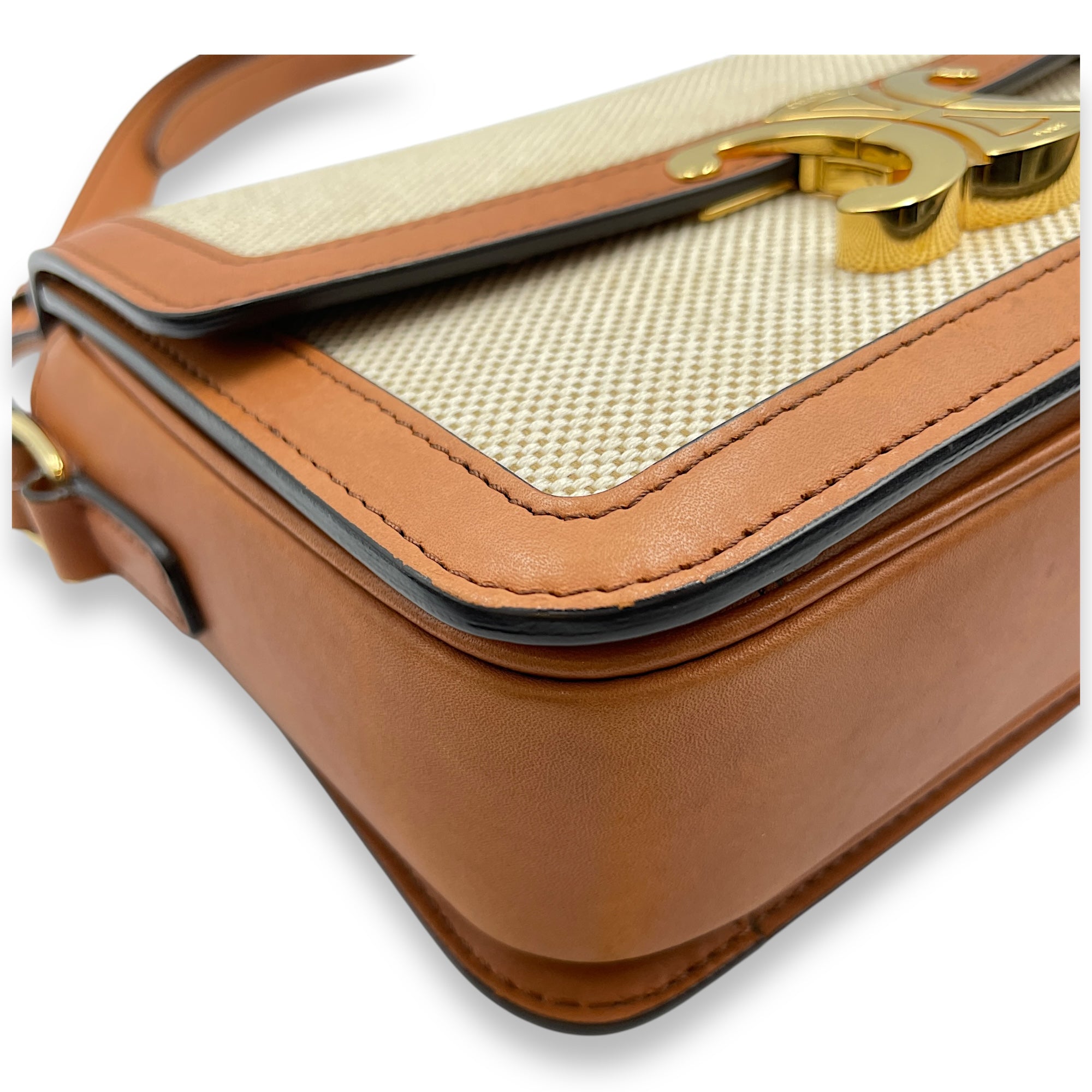 Triomphe Teen Beige Crossbody Bag in Canvas, Gold hardware